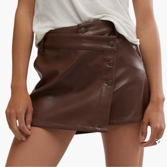 ❤️ Free People Chocolate Faux Leather Wrap Skirt 26 - Picture 1 of 6